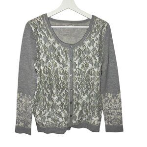 Garnet Hill Cardigan Womens Size Medium Gray Grey Wool Silk Beaded Mixed Media